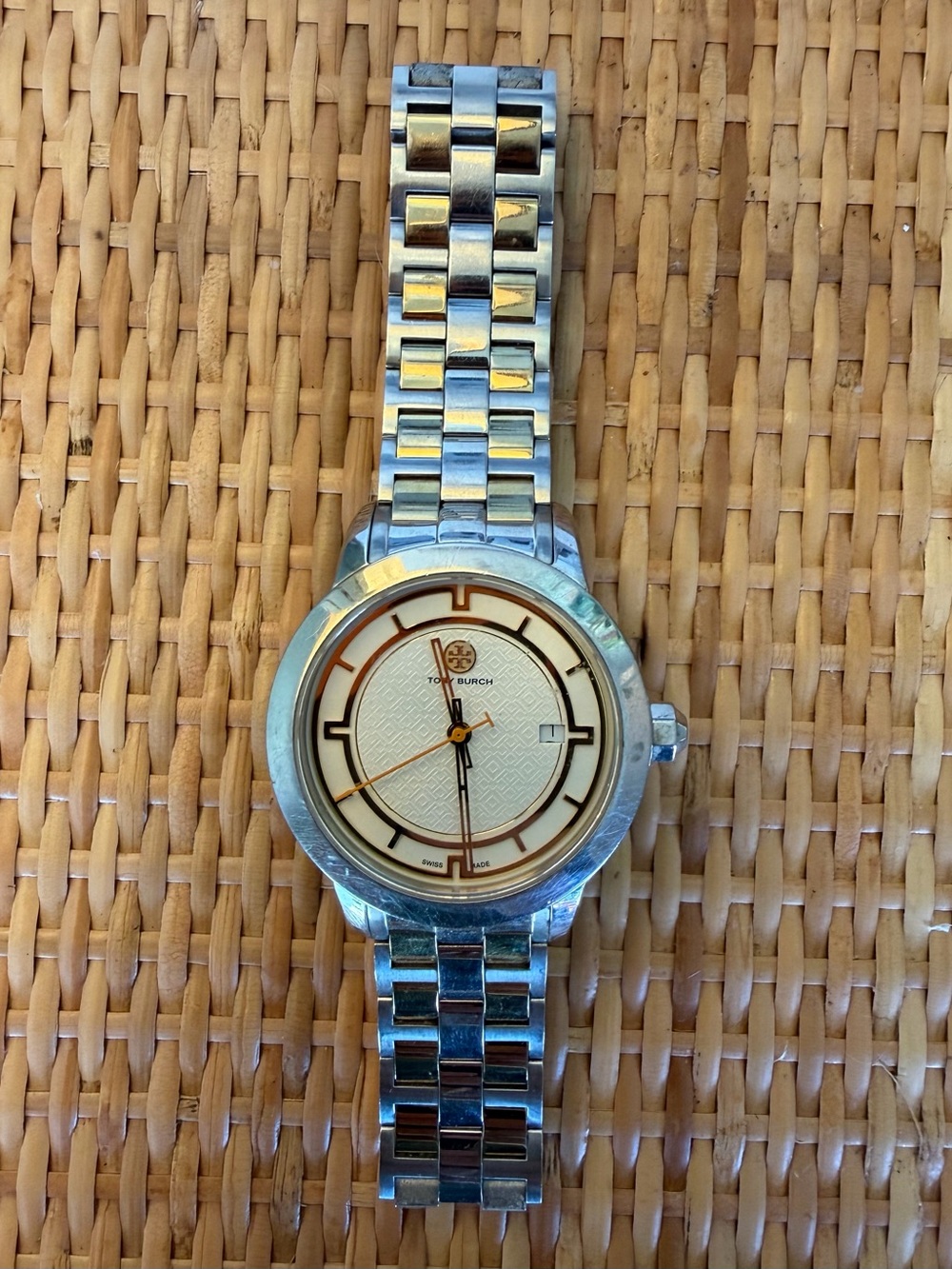 Tory Burch Silver and Cream Two-Tone Dial Stainless Steel Watch